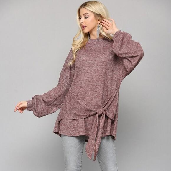 GiGio Tops - NWT Gigio Shirt Tunic Small Long Sleeve Two Tone Waffle Knit Front Tie Top